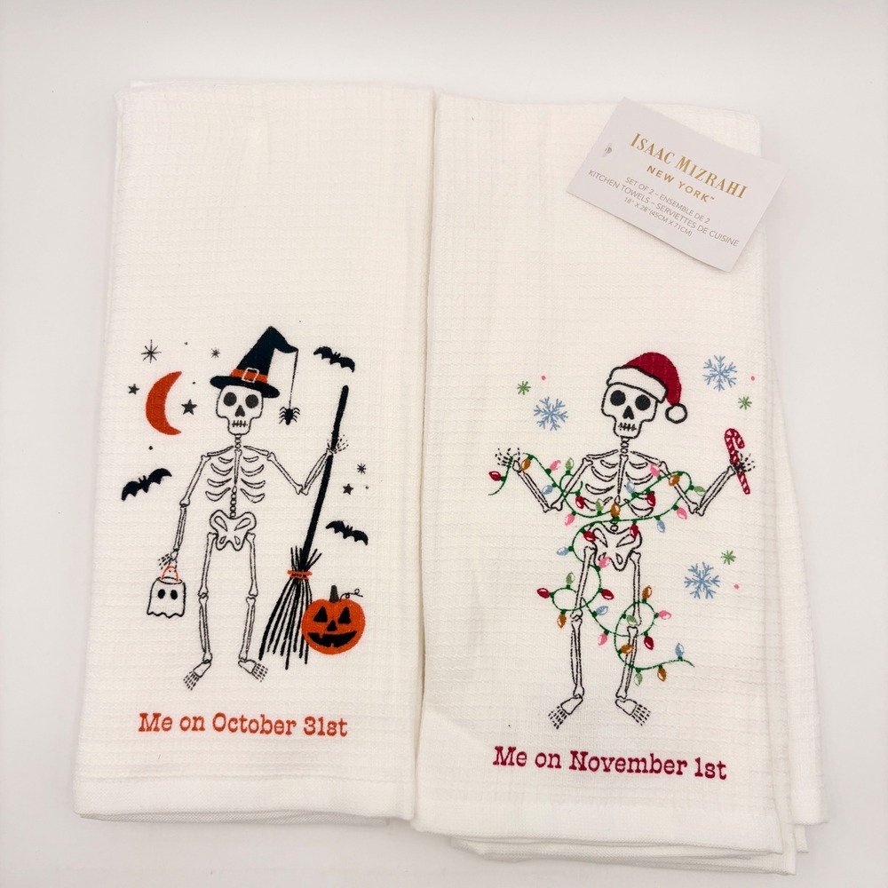 Isaac Mizrahi Skeleton Halloween Christmas Kitchen Towels Set of 2 White Waffle